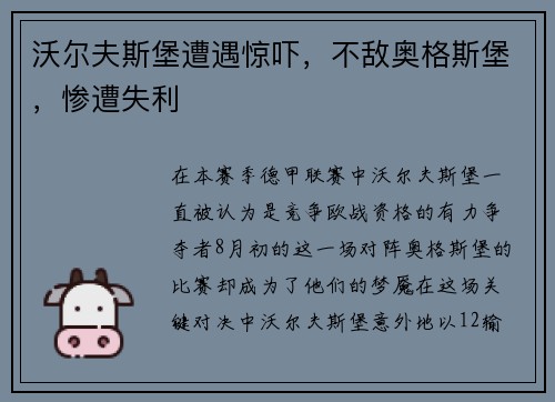 沃尔夫斯堡遭遇惊吓，不敌奥格斯堡，惨遭失利